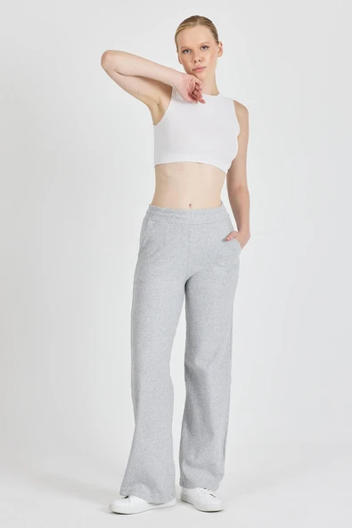 Gri Fitilli Geniş Paça Kaşkorse Yüksek Bel Cepli Kadın Eşofman Altı - Resim 3