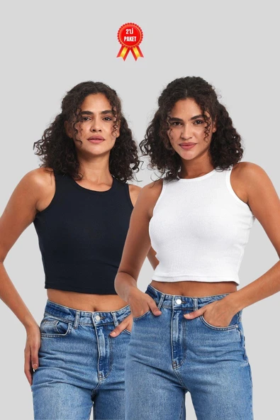 Kadın Siyah-Beyaz Fitilli Görünümlü Askılı Kalın Esnek Örme 2'li Basic Crop Atlet ürün görseli