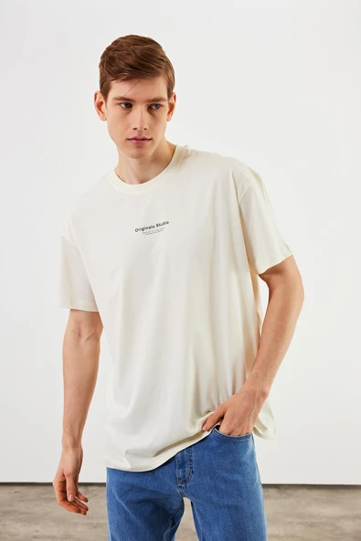 Leo Erkek Oversize Tshirt %100 Pamuk Bisiklet Yaka Baskı Detaylı Basic Tişört MTLCE81 - Resim 3