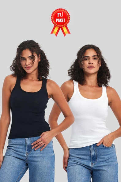 Kadın Siyah-Beyaz Fitilli Görünümlü Askılı Kalın 2'li Basic Atlet ürün görseli