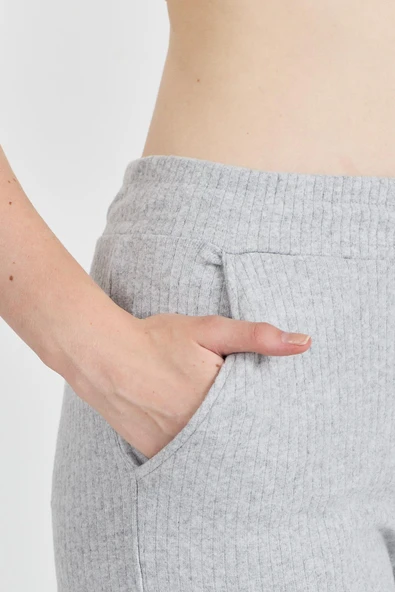 Gri Fitilli Geniş Paça Kaşkorse Yüksek Bel Cepli Kadın Eşofman Altı - Resim 6