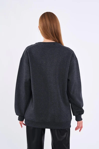 Antrasit Kadın Pamuklu Oversize Basic Bisiklet Yaka Sweatshirt - 5