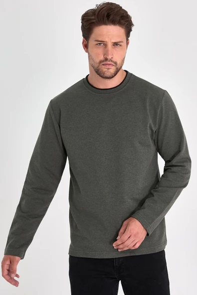 Erkek Haki Çift Bisiklet Yaka Standart Rahat Kesim Sweatshirt - 2