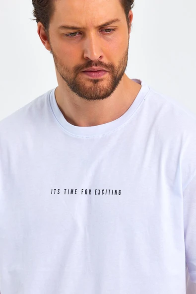 Erkek Baskılı Basic Oversize Bisiklet Yaka 2'Li Pamuklu T-shirt - 4