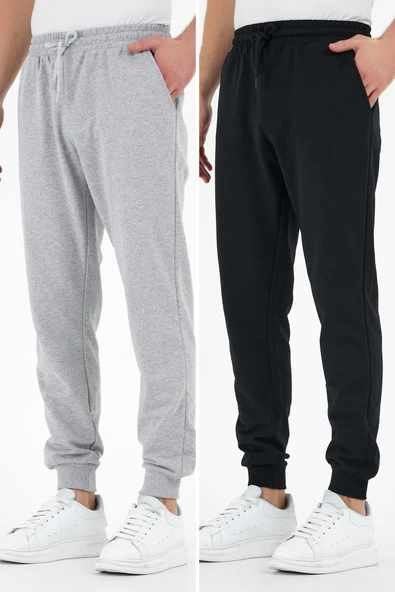 Siyah-Gri 2'li Erkek Eşofman Altı Etiketli Arka ve Yan Cepli Regular Fit ürün görseli