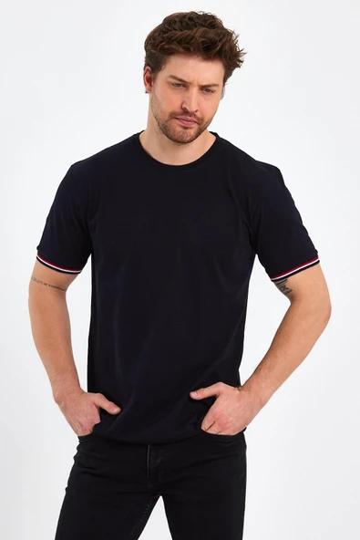 Erkek Siyah Basic Kolları Şeritli %100 Pamuk Bisiklet Yaka Regular Fit T-shirt - 10