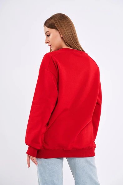 Kırmızı Kadın Pamuklu Oversize Basic Bisiklet Yaka Sweatshirt - 5