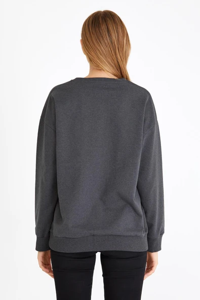 Kadın Antrasit Renk Basic Bisiklet Yaka Sweatshirt - 6