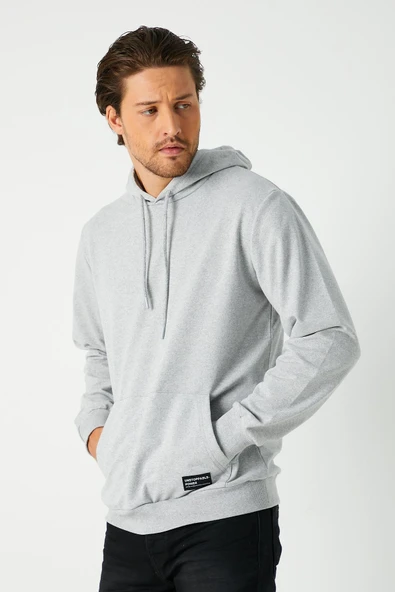 Metalic Gri Erkek Kapüşonlu Kanguru Cepli Sweatshirt - Resim 2