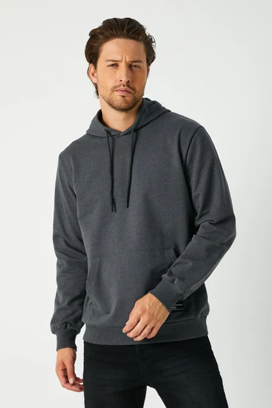 Antrasit Erkek Kapüşonlu Kanguru Cepli Sweatshirt - 2