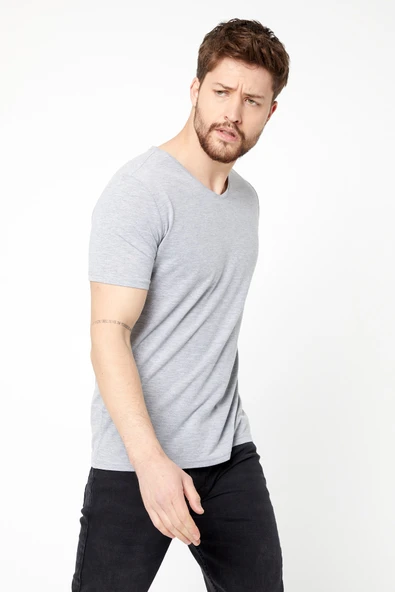Erkek Pamuklu Kısa Kollu V Yaka T-shirt - Resim 8
