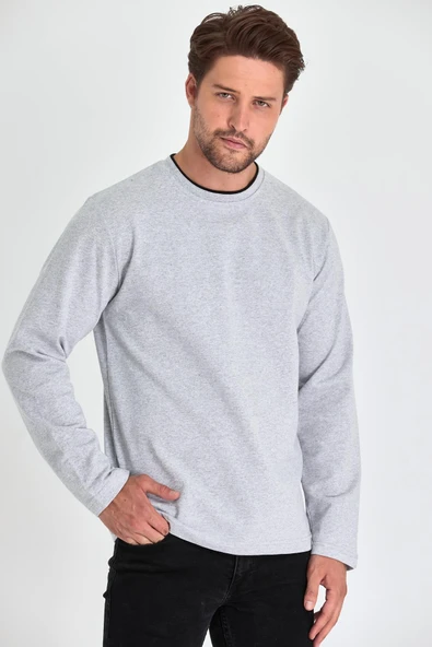 Erkek Gri Çift Bisiklet Yaka Standart Rahat Kesim Sweatshirt