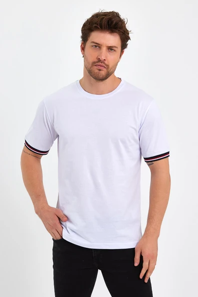 Erkek Basic Kolları Şeritli %100 Pamuk Bisiklet Yaka Regular Fit 3'Lü T-shirt - 2
