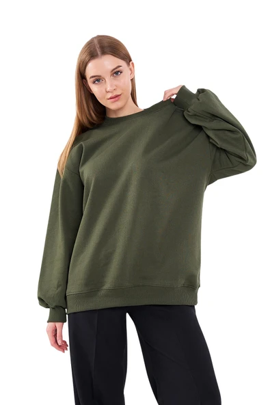 Haki Kadın Pamuklu Oversize Basic Bisiklet Yaka  Sweatshirt