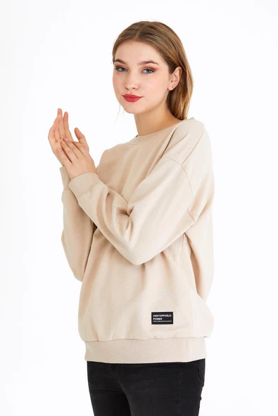 Kadın Bej Renk Basic Bisiklet Yaka Sweatshirt - Resim 3