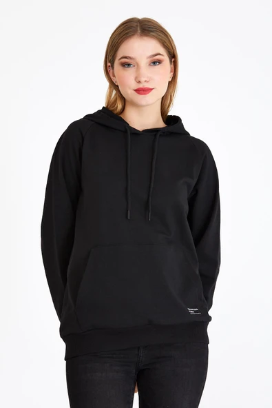 Kadın Siyah Kapüşonlu Basic Örme Sweatshirt ürün görseli