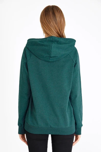 Kadın Yeşil Kapüşonlu Basic Örme Sweatshirt - 7