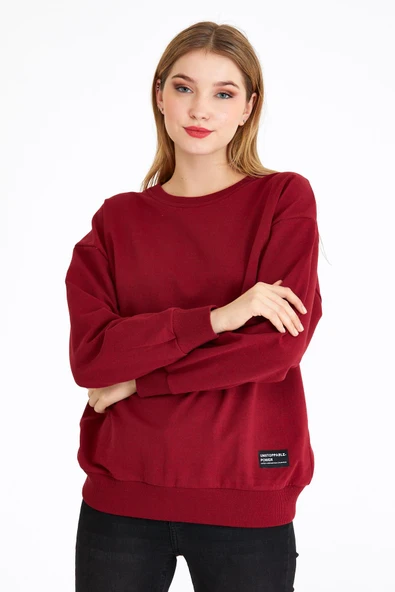 Kadın Bordo Renk Basic Bisiklet Yaka Sweatshirt - Resim 2