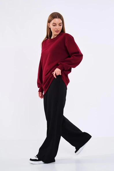 Bordo Kadın Pamuklu Oversize Basic Bisiklet Yaka Sweatshirt - Resim 2