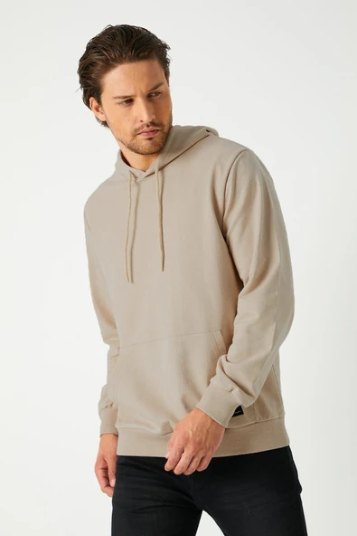 Metalic Bej Erkek Kapüşonlu Kanguru Cepli Sweatshirt - 3