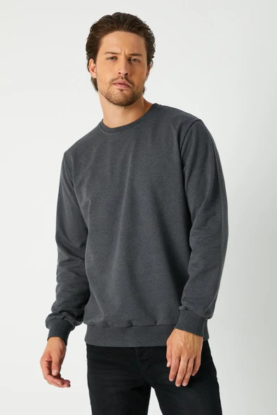 Erkek Antrasit Basic Bisiklet Yaka Sweatshirt - 2