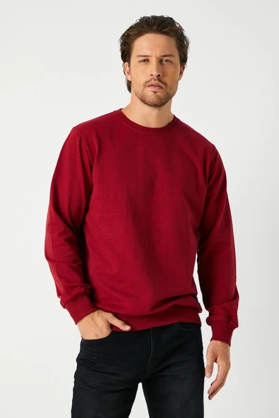 Erkek Bordo Basic Bisiklet Yaka Sweatshirt - Resim 2