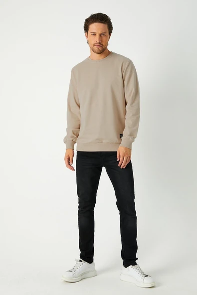 mmetalic Erkek Basic Bisiklet Yaka Bej Sweatshirt - Resim 4