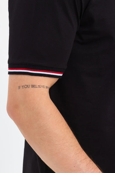 Erkek Siyah Basic Kolları Şeritli %100 Pamuk Bisiklet Yaka Regular Fit T-shirt - Resim 6