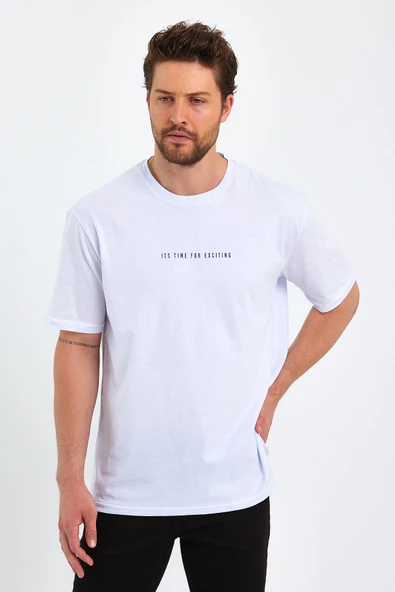 Erkek Beyaz Baskılı Basic Oversize Bisiklet Yaka Kısa Kollu T-shirt - 2
