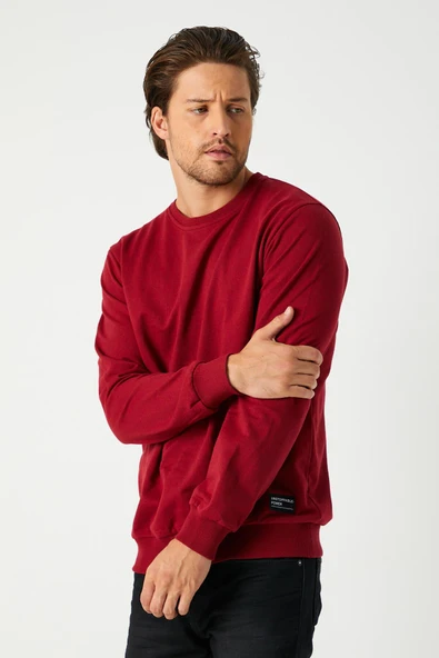 Erkek Bordo Basic Bisiklet Yaka Sweatshirt - Resim 3