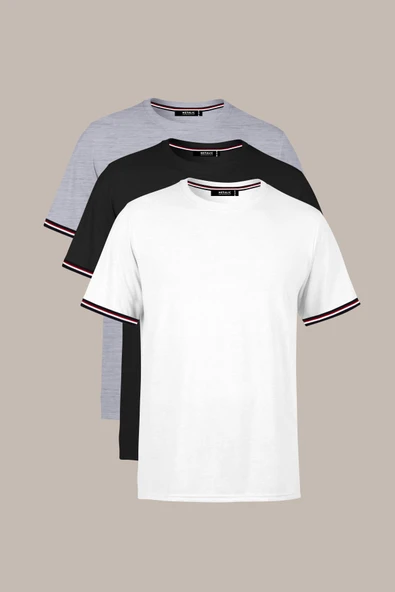Erkek Basic Kolları Şeritli %100 Pamuk Bisiklet Yaka Regular Fit 3'Lü T-shirt - 8