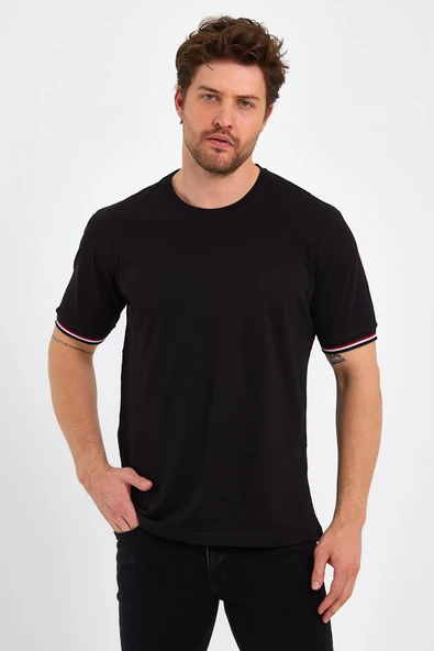 Erkek Siyah Basic Kolları Şeritli %100 Pamuk Bisiklet Yaka Regular Fit T-shirt