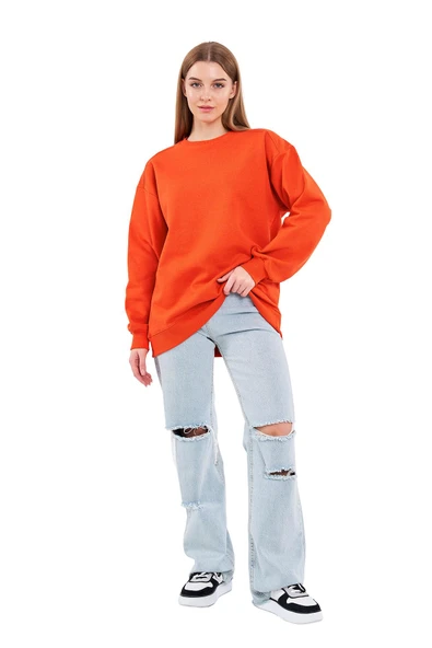 Turuncu Kadın Pamuklu Oversize Basic Bisiklet Yaka Sweatshirt