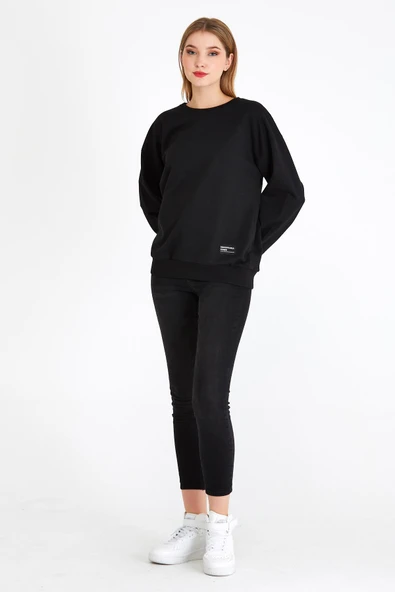 Kadın Siyah Renk Basic Bisiklet Yaka Sweatshirt - 4
