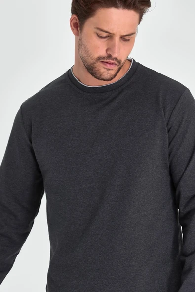Erkek Antrasit Çift Bisiklet Yaka Standart Rahat Kesim Sweatshirt - 3