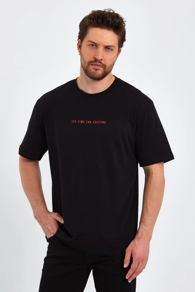 Erkek Baskılı Basic Oversize Bisiklet Yaka 2'Li Pamuklu T-shirt - Resim 2