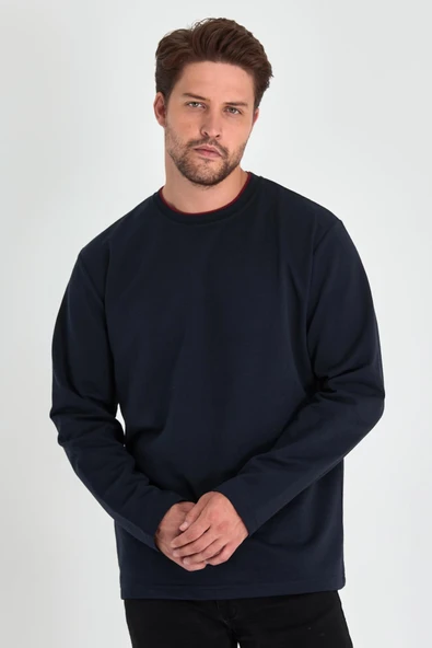 Erkek Lacivert Çift Bisiklet Yaka Standart Rahat Kesim Sweatshirt MTLCE68-LACİVERT