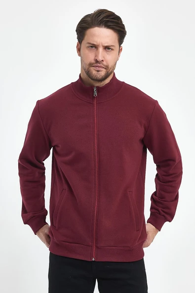 İçi Pamuklu Fermuarlı Dik Yaka Yan Cepli Bordo Erkek Hırka - Resim 3