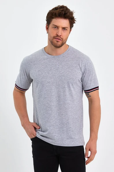 Erkek Basic Kolları Şeritli %100 Pamuk Bisiklet Yaka Regular Fit 3'Lü T-shirt - 9