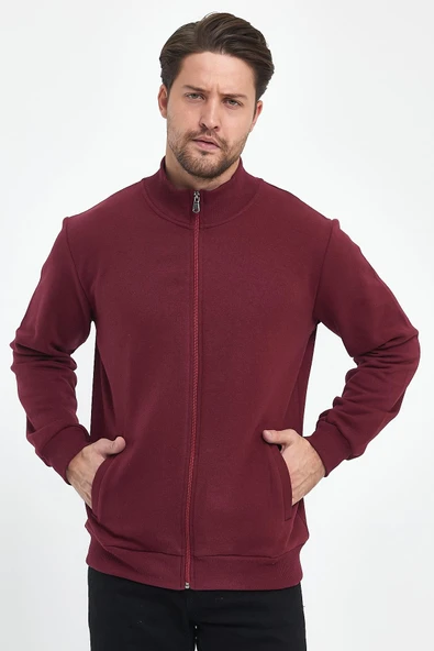 İçi Pamuklu Fermuarlı Dik Yaka Yan Cepli Bordo Erkek Hırka - Resim 2