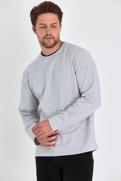 Erkek Gri Çift Bisiklet Yaka Standart Rahat Kesim Sweatshirt - Resim 5