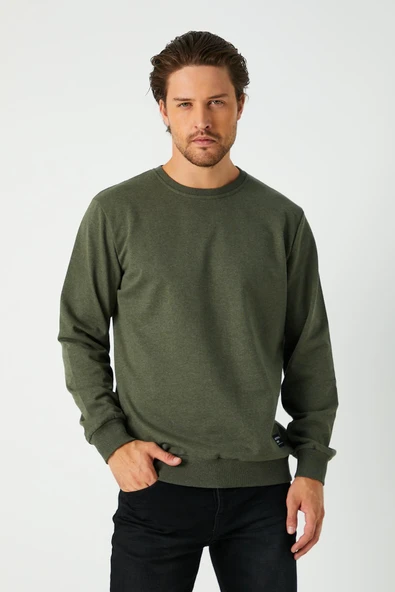 Erkek Basic Bisiklet Yaka Haki Sweatshirt - Resim 3