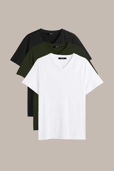 Erkek Çok Renkli T- Shirt Regular Fit Rahat Kesim V Yaka 3'lü Basic Tişört Paketi - 11