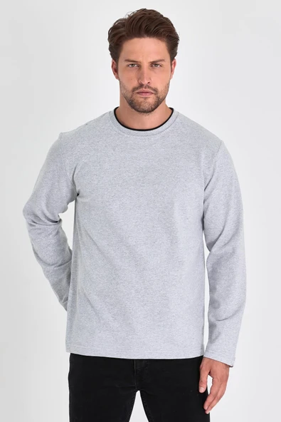 Erkek Gri Çift Bisiklet Yaka Standart Rahat Kesim Sweatshirt - Resim 2
