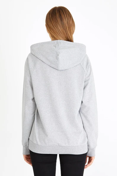 Kadın Gri Renk Kapüşonlu Basic Örme Sweatshirt - Resim 6