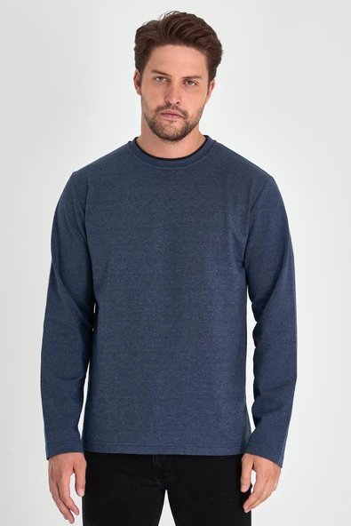 Erkek İndigo Çift Bisiklet Yaka Standart Rahat Kesim Sweatshirt - 2