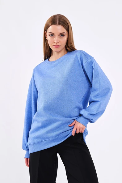 Mavi Kadın Pamuklu Oversize Basic Bisiklet Yaka Sweatshirt - Resim 3