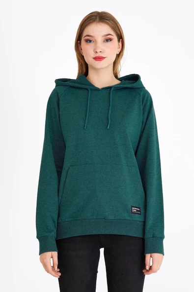 Kadın Yeşil Kapüşonlu Basic Örme Sweatshirt - Resim 3