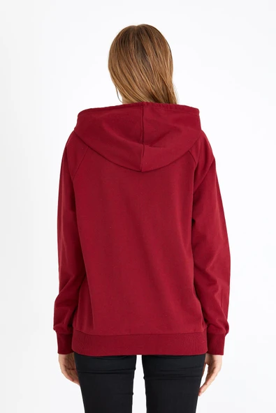 Metalic Kadın Bordo Kapüşonlu Basic Örme Sweatshirt - Resim 6