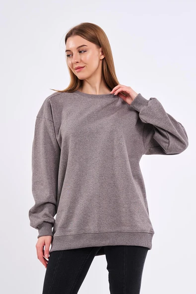 Kahve Kadın Pamuklu Oversize Basic Bisiklet Yaka Sweatshirt - Resim 2